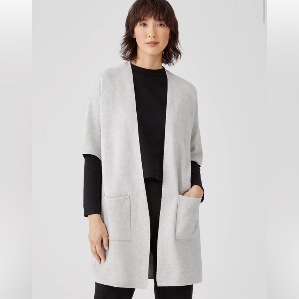 EILEEN FISHER Organic Cotton/Silk Elbow Sleeve Gray Open Front Cardigan
